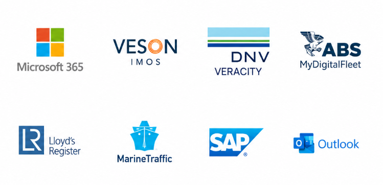 Microsoft 365, Veson IMOS, DNV Veracity, ABS MyDigitalFleet, Lloyd's Register, MarineTraffic, SAP, Outlook.
