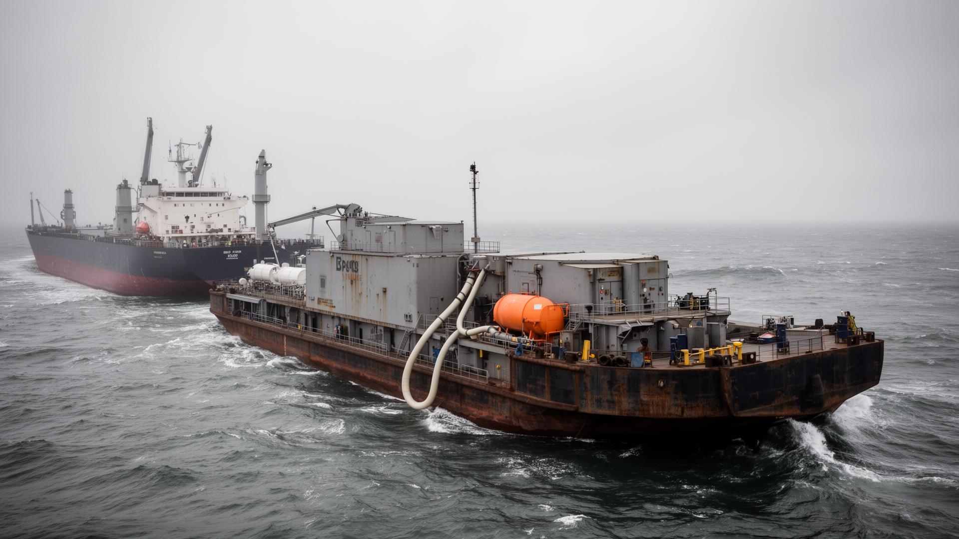 Bunker barge alongside a cargo vessel during fuel transfer at sea.