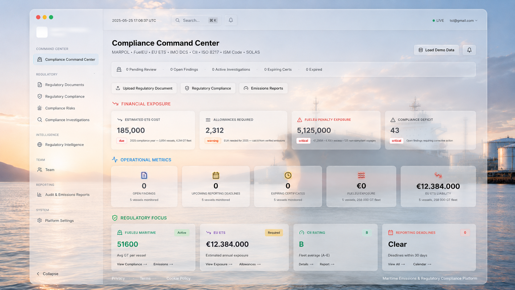 Compliance Command Center — regulatory and financial exposure overview.