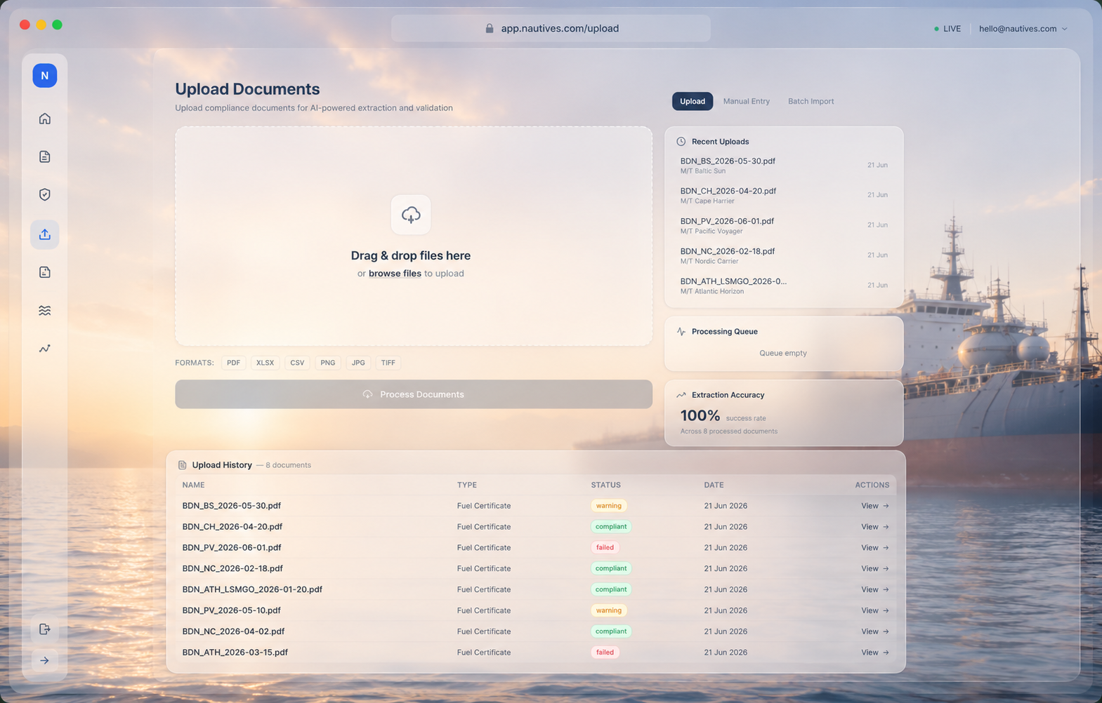 Upload Documents view with drag-and-drop area, processing queue, and human-reviewed extraction across 8 processed documents.