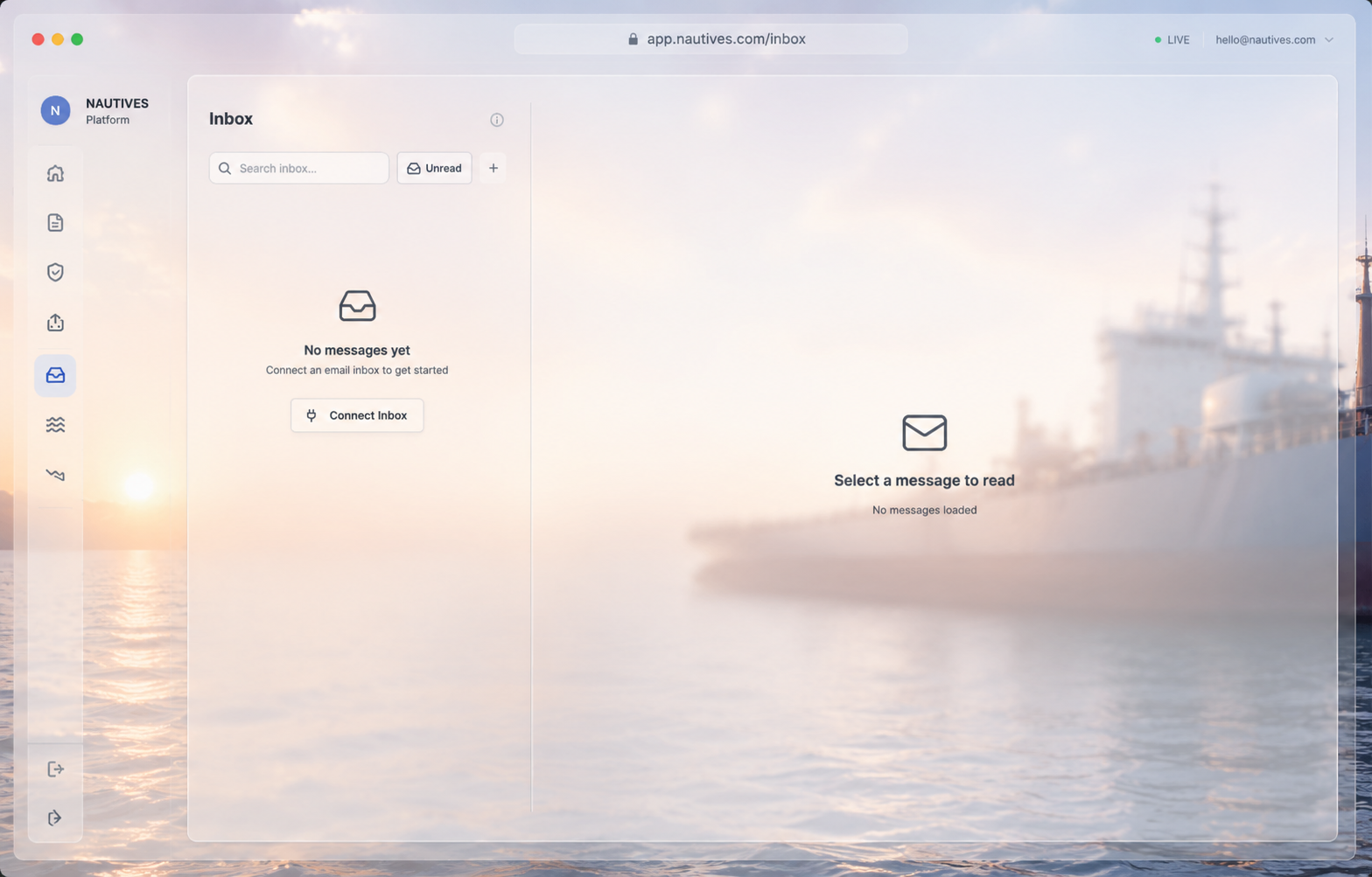 Inbox view with search, unread filter, and a connect-inbox prompt for compliance-related communications.